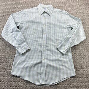 Brooks Brothers Button Up Shirt Men 15-32 Slim Fit Non-Iron White Green Check